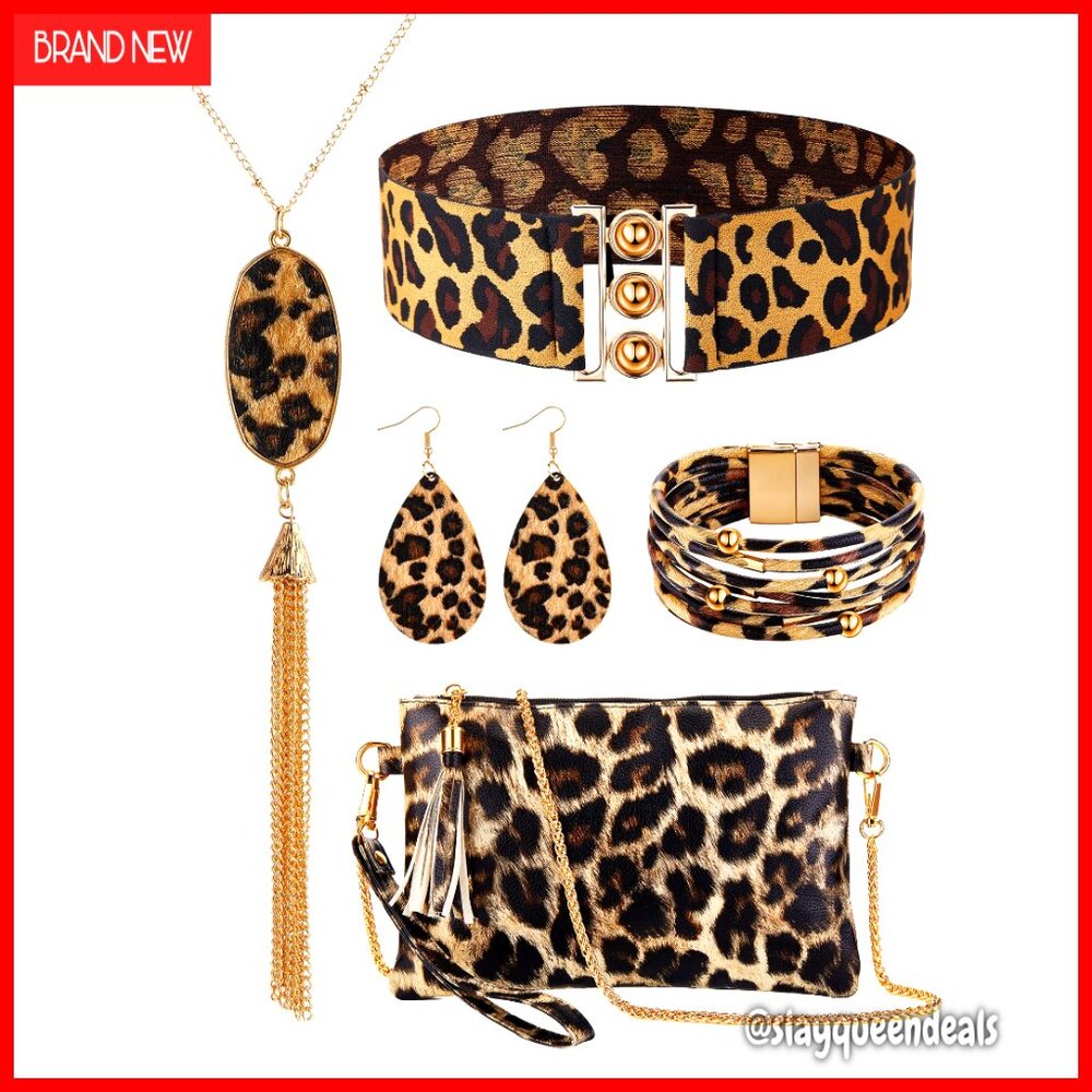 6-Piece Leopard Jewelry Set with Purse and Belt for Women